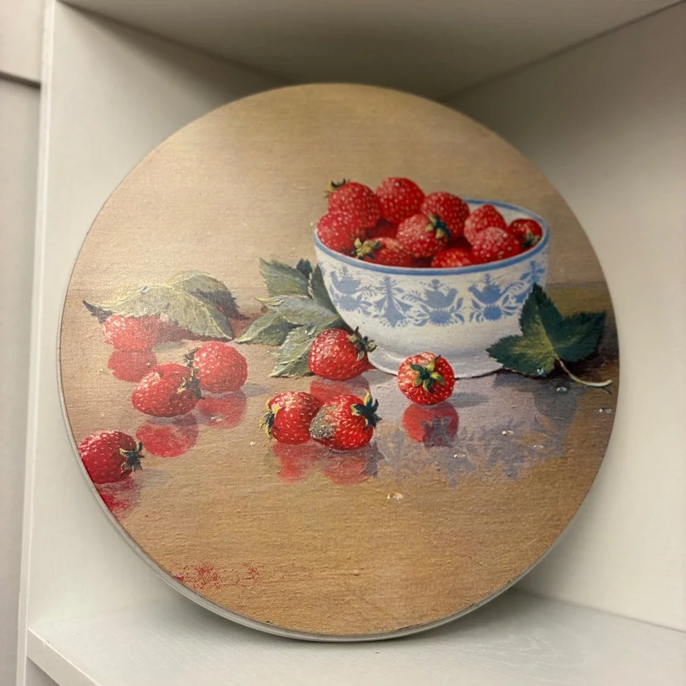 Vintage Strawberry Still Life Round Metal Tin Decorative Storage Cottagecore